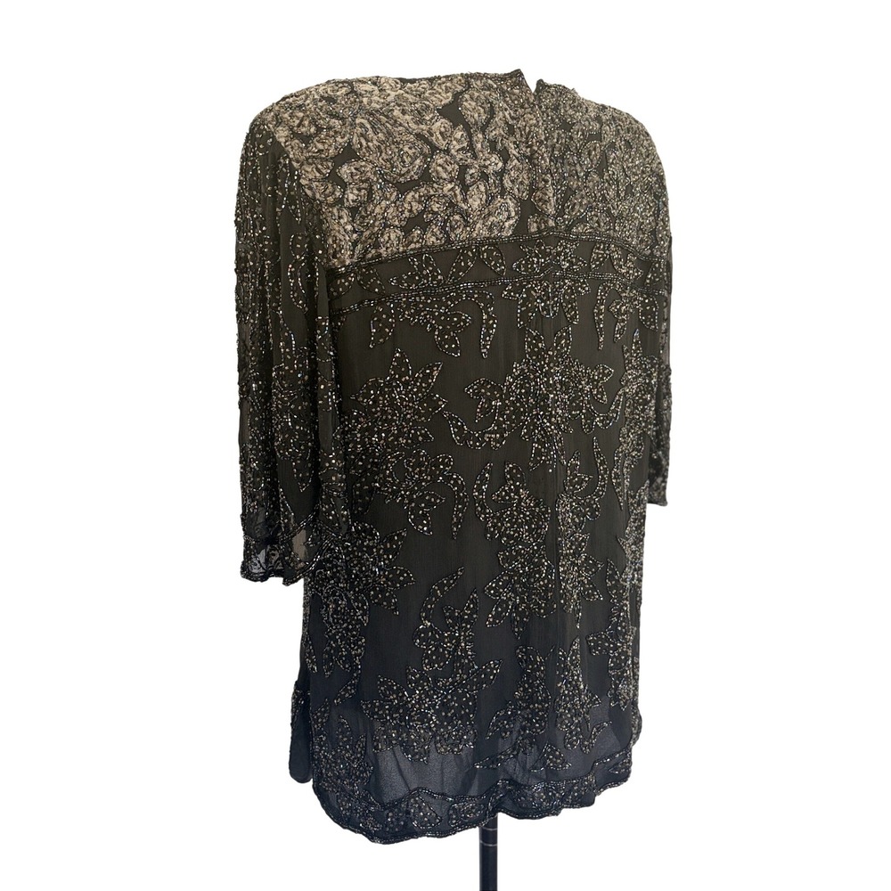 VTG Silk & Velvet Odeon Black Beaded Sequined Top Blouse NYE Holiday Party Sz 14 - Picture 4 of 9